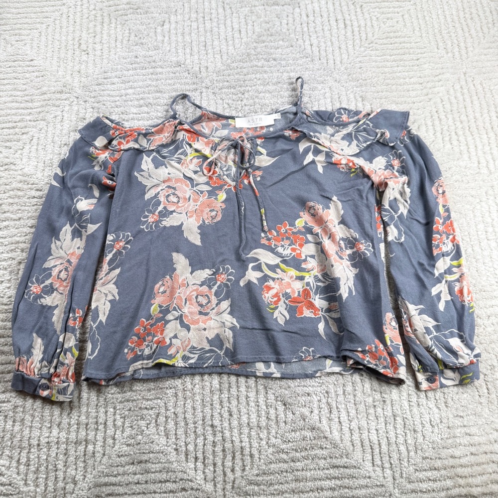 ASTR The Label Cold Shoulder Blouse Womens Small Blue Floral Cottagecore Boho